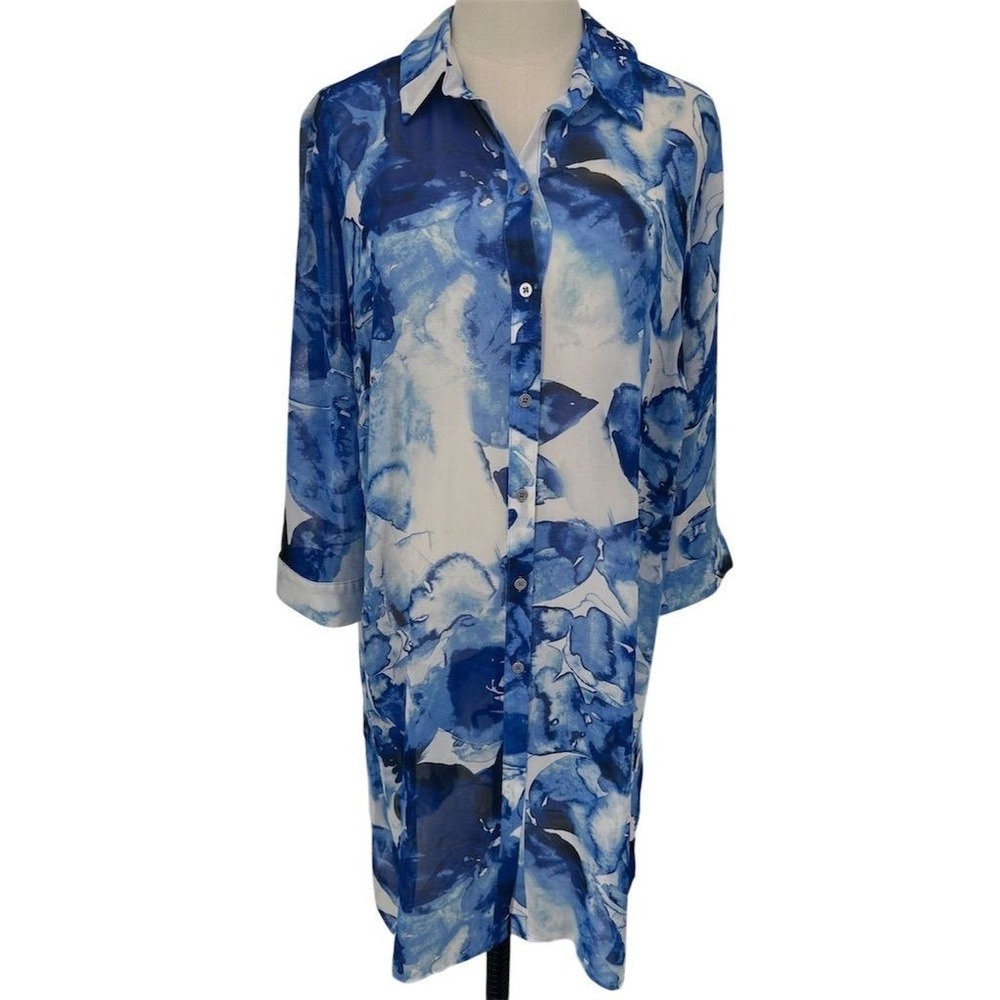 NEW Slim Factor Women's 1X Blue Tie-Dye Button Tunic Shirt Topper Semi‎ Sheer